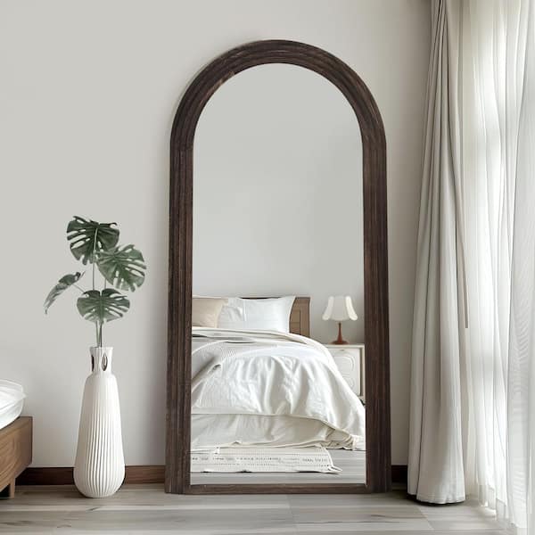 Dovelina 35 in. W x 71 in. H Classic Arched Wood Framed Walnut Color Floor Mirror Decorative Mirror