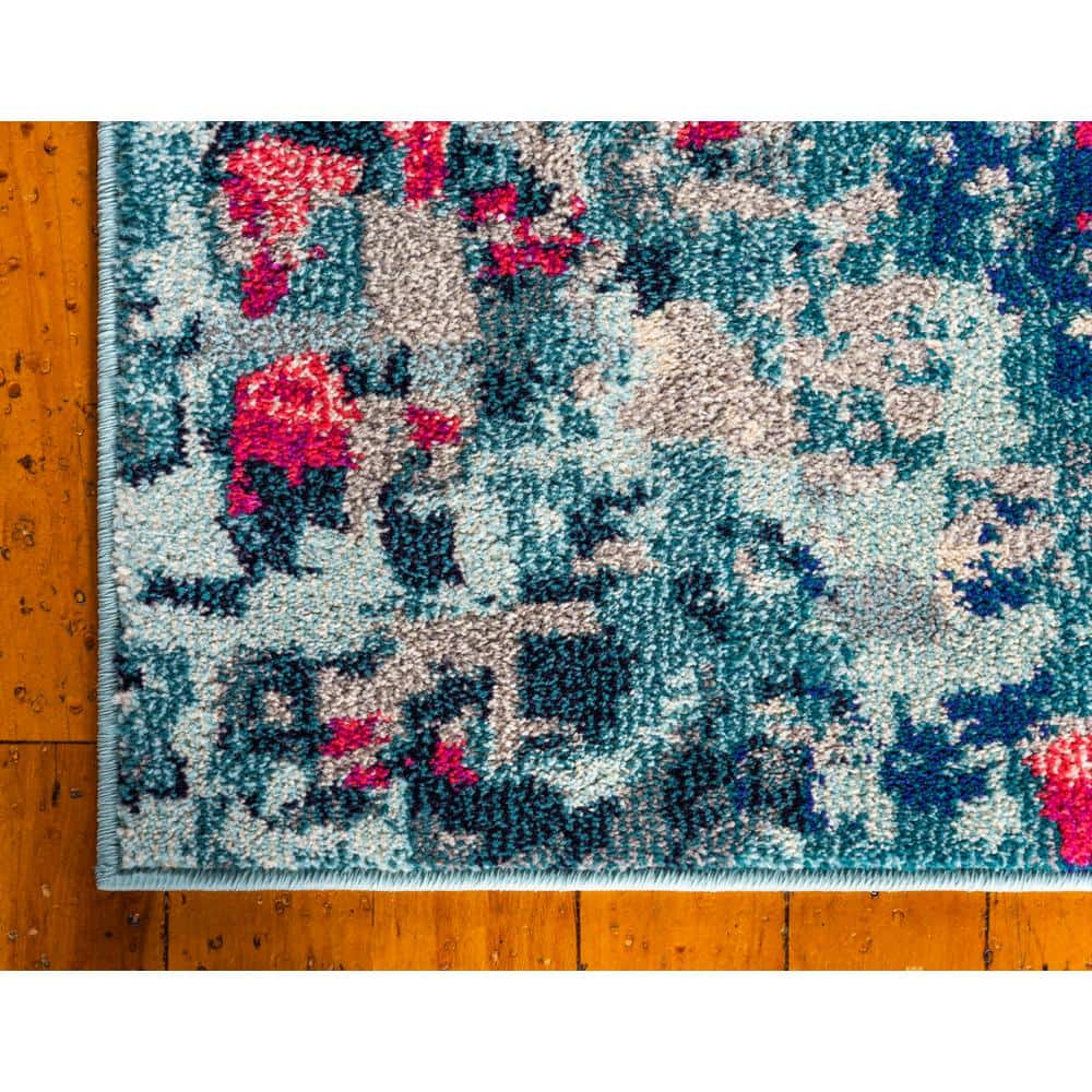 Jardin Collection Blue and Pink Abstract Modern Area Rug, 8 x 11 ft