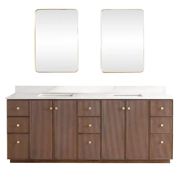 ROSWELL Oza 84 in. W x 22 in. D x 33.9 in. H Double Sink Bath Vanity in Dark Brown with White Quartz Stone Top and Mirror