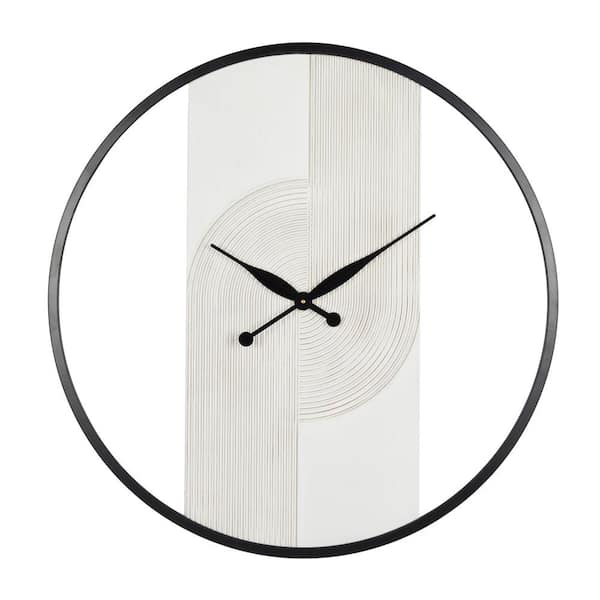 Novogratz 30 in. x 31 in. White Wood Art Deco Inspired Line Art Geometric Wall Clock with Black Accents