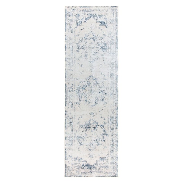 Traditional Vintage Distressed Washable Non Slip Blue 2 ft. x 10 ft. Runner Rug
