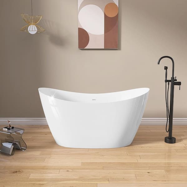 NTQ 55 in. x 28.5 in. Free Standing Deep Soaking Double Slipper Alone Bath Tub Oval Acrylic Freestanding Bathtub in White
