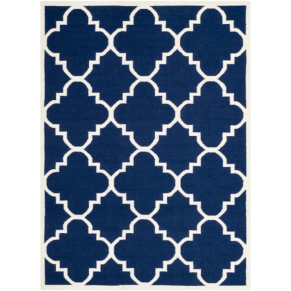 Dhurries 10 ft. x 14 ft. Navy/Ivory Quatrefoil Area Rug