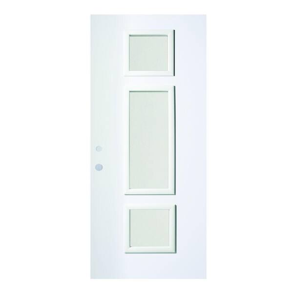 Stanley Doors 36 in. x 80 in. Marjorie Satin Opaque 3 Lite Painted White Right-Hand Inswing Steel Prehung Front Door