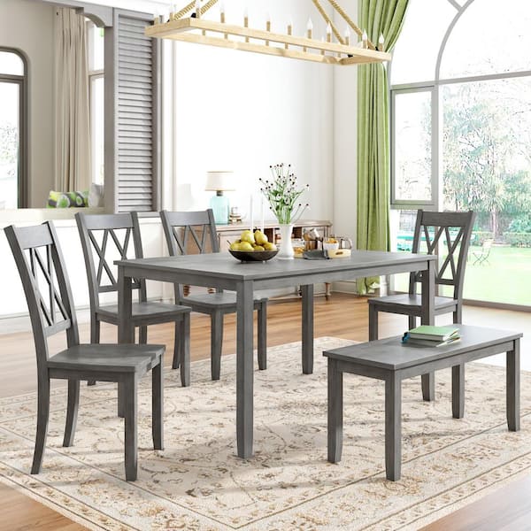 Qualfurn 6 Piece Antique Graywash Wood, Bridson Dining Room Table And Chairs With Bench
