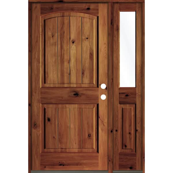 Krosswood Doors 56 in. x 80 in. Rustic knotty alder Left-Hand/Inswing Clear Glass Red Chestnut Stain Wood Prehung Front Door with RHSL