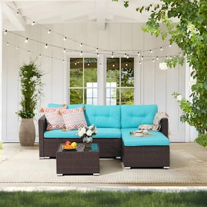 Joivi Grey 3-Piece Wicker Outdoor Sectional Set with Light Blue Cushions