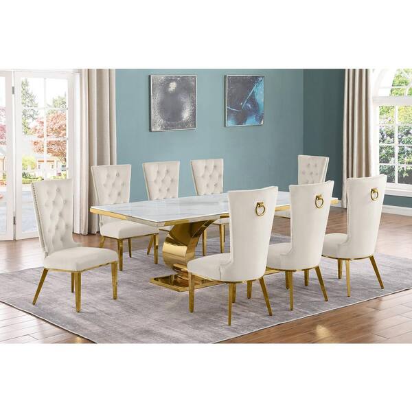 Best Quality Furniture Ibraim 9-Piece Rectangle White Marble Top Gold Stainless Steel Base Dining Set with 8 Cream Velvet Fabric Chairs