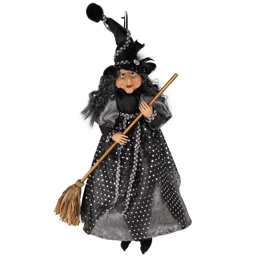 Northlight Witch with Broom Hanging Halloween Decoration - 18 in. - Black and Silver