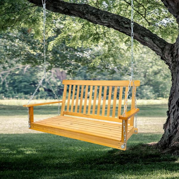2-Person Brown Wood Porch Swing with Armrests