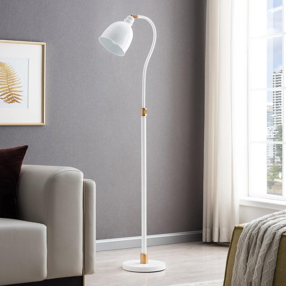 Matte White and Brass Adjustable Arc Floor Lamp with Smart Home Compatibility