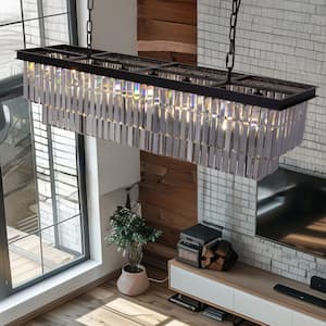 40 in. 7-Light Black Modern Matte Black Crystal Chandelier Linear Farmhouse Kitchen Island Dining Room Pendant Lighting