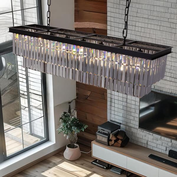 40 in. 7-Light Black Modern Matte Black Crystal Chandelier Linear Farmhouse Kitchen Island Dining Room Pendant Lighting