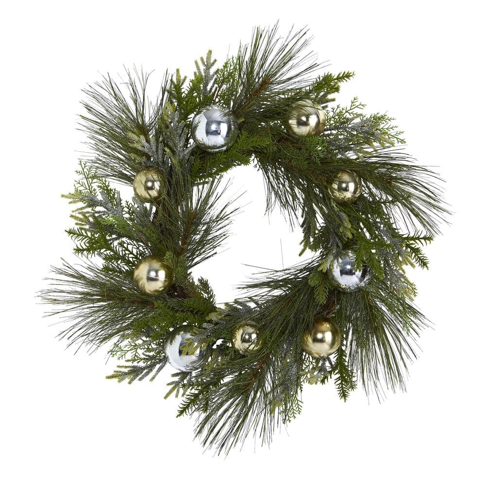 Nearly Natural 26 in. Sparkling Pine Artificial Wreath with Decorative Ornaments