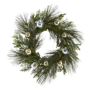 26 in. Sparkling Pine Artificial Wreath with Decorative Ornaments