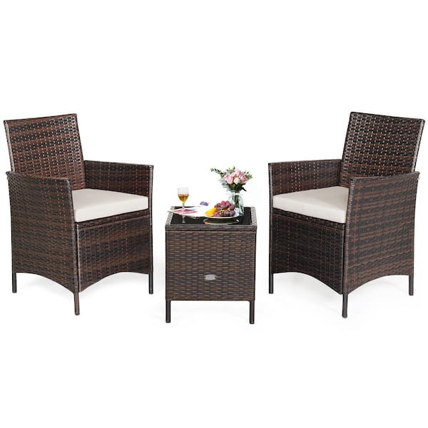 ANGELES HOME 3-Piece Rattan Wicker Patio Converstaion Set With Glass Table Top and White Cushion