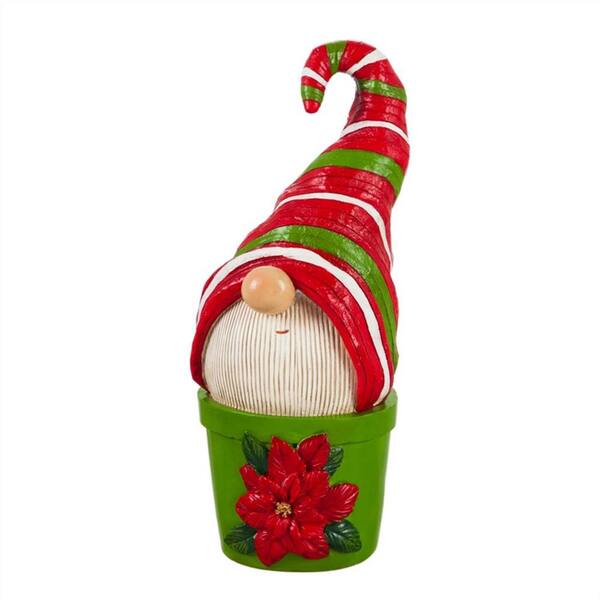 Evergreen Holiday Gnome in a Poinsettia Planter 12 in. Garden Statue