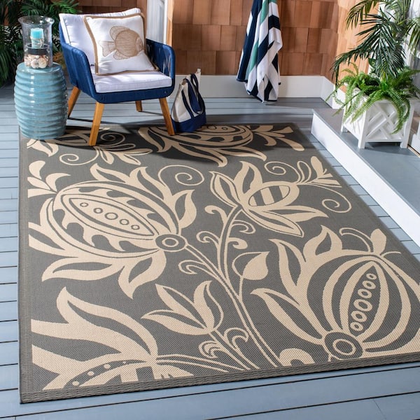 Courtyard Gray/Natural 8 ft. x 8 ft. Square Border Indoor/Outdoor Patio  Area Rug