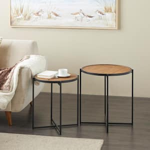20 in. Black Round Metal Coffee Table with Brown Woven Rattan Tabletop (2-Pieces)