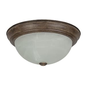 13 in. 2-Light Distressed Brown UL Listed Dome Shape Ceiling Flush Mount with Alabaster Glass