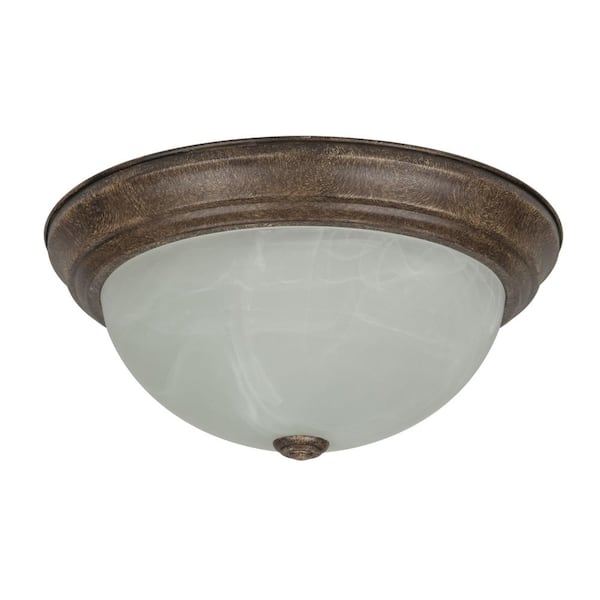 Sunlite 13 in. 2-Light Distressed Brown UL Listed Dome Shape Ceiling Flush Mount with Alabaster Glass