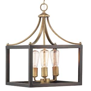 Boswell Quarter 14 in. 3-Light Vintage Brass Farmhouse Square Chandelier with Painted Black Distressed Wood Accents