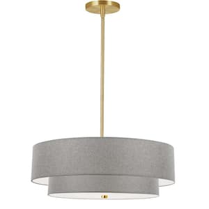 Everly 4-Light Aged Brass Shaded Pendant Light with Grey Fabric Shade