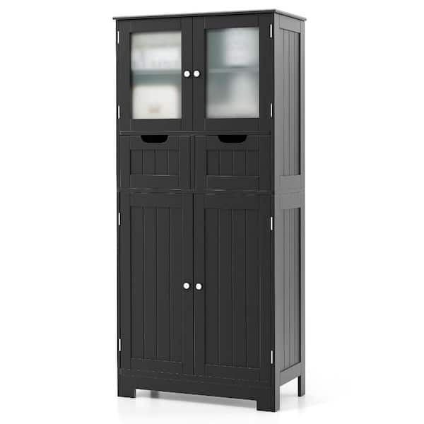 Bathroom Floor Cabinet, 4 Doors and 2 Drawers with Glass Doors, Freestanding Storage