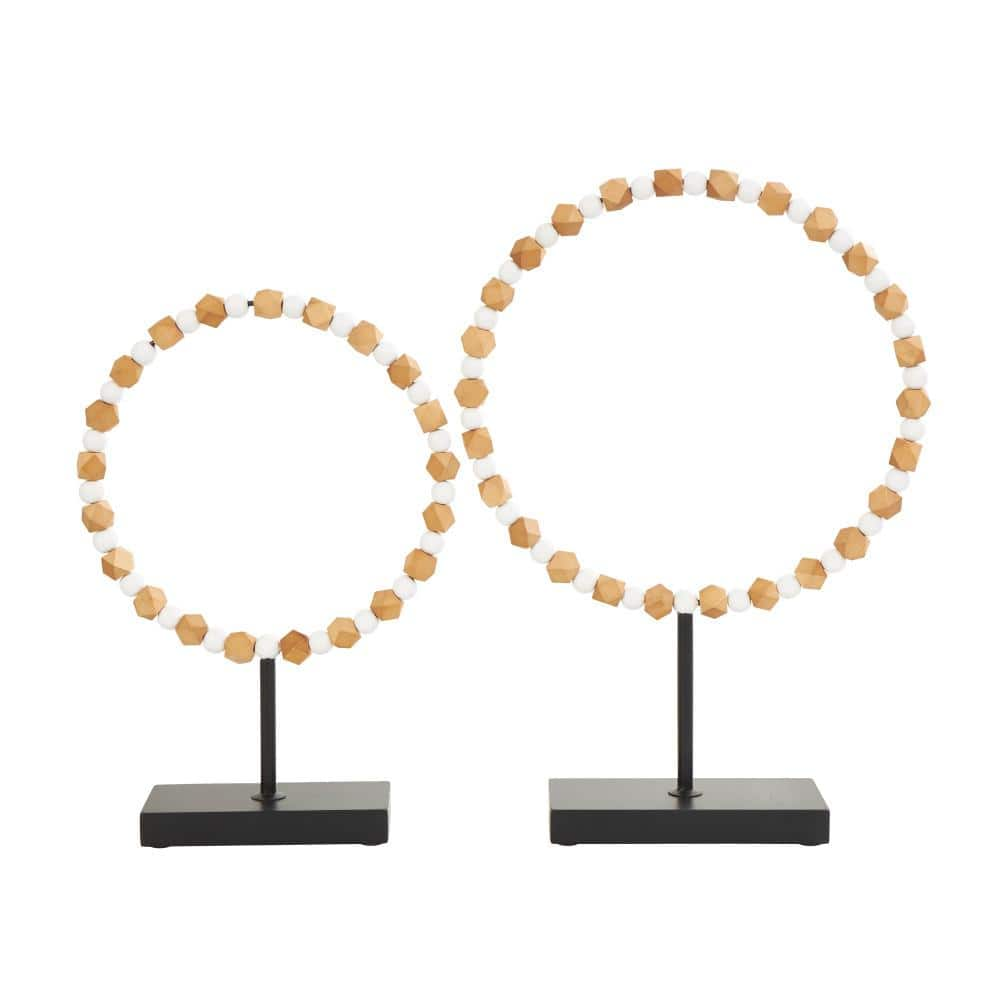 Litton Lane Brown Wood Geometric Beaded Ring Geometric Sculpture with Black Metal Stands (Set of 2)