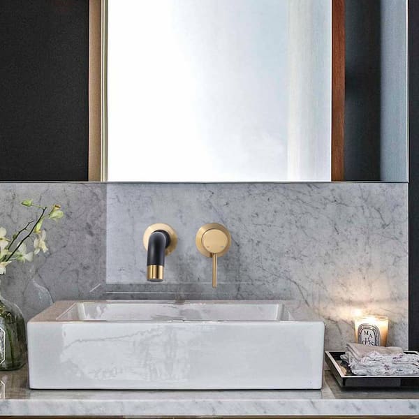 Single Handle 2-Hole Wall Mounted Bathroom Faucet with Rough-in Brass Valve in Black and Gold