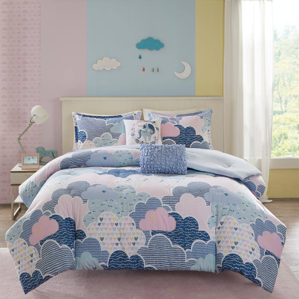 Blue Cotton Twin Kids Comforter Set with Cloud Print