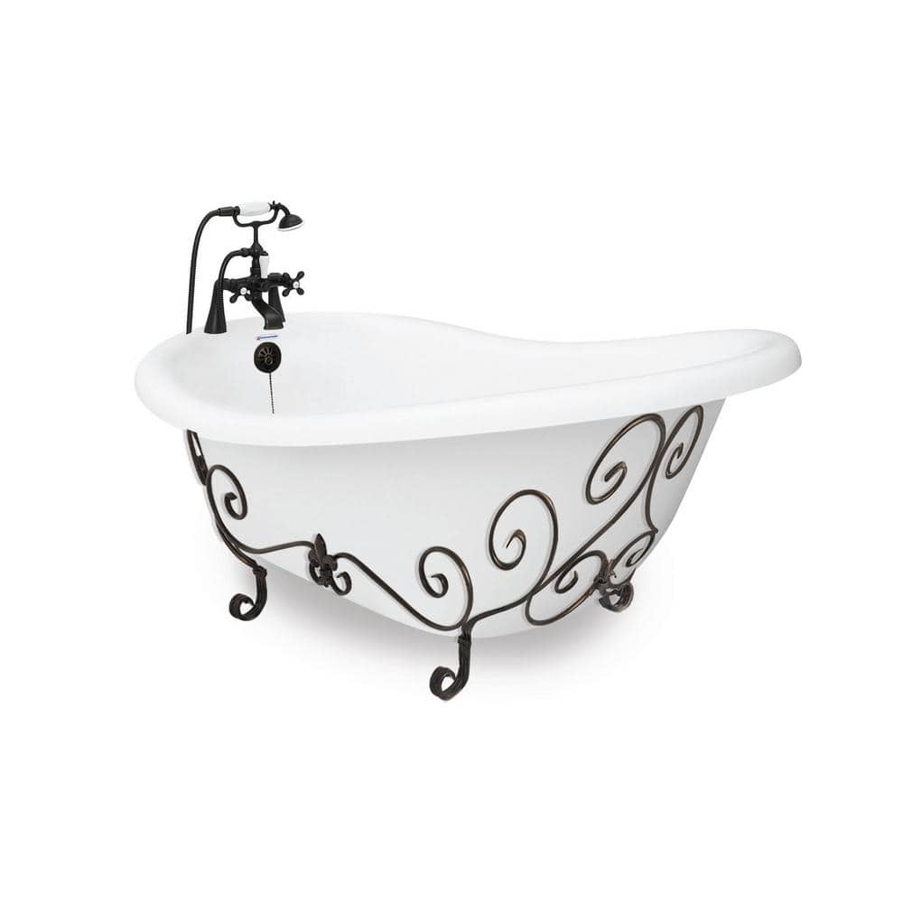 American Bath Factory 71 in. AcraStone Acrylic Slipper Clawfoot Non-Whirlpool Bathtub in White with Nuevo Base and Faucet in Old World Bronze, White/Old World Bronze -  BA-SNU71-900AOB