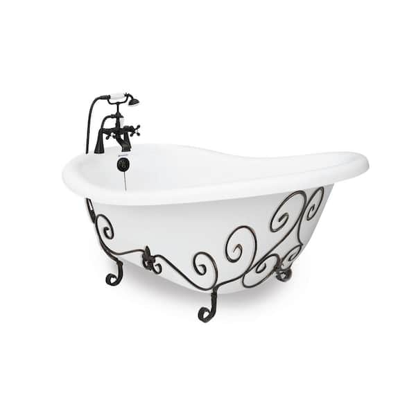 American Bath Factory 71 in. AcraStone Acrylic Slipper Clawfoot Non-Whirlpool Bathtub in White with Nuevo Base and Faucet in Old World Bronze