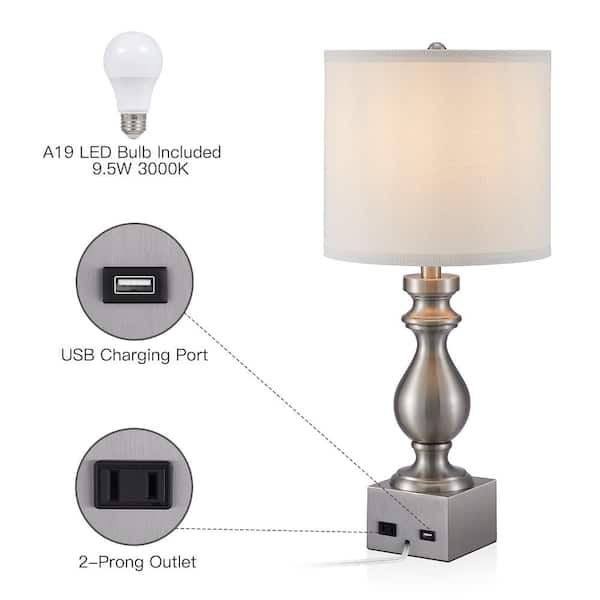 Brushed Nickel Usb Table Lamp, Two Light Bulb Table Lamp