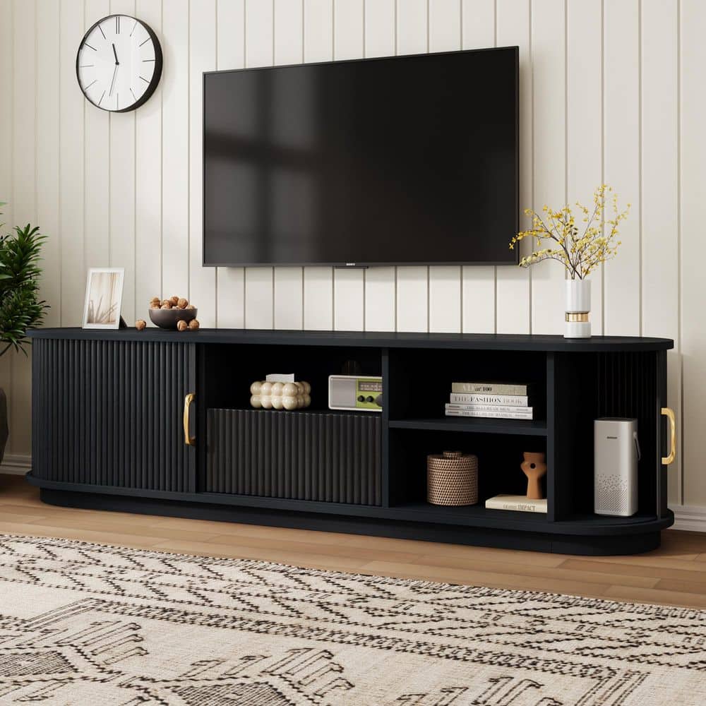 Mid-Century Modern Black Fluted Wood TV Stand Fits TV's up to 75 in. with Sliding Doors, Adjustable Shelves price history on PriceWatchPro
