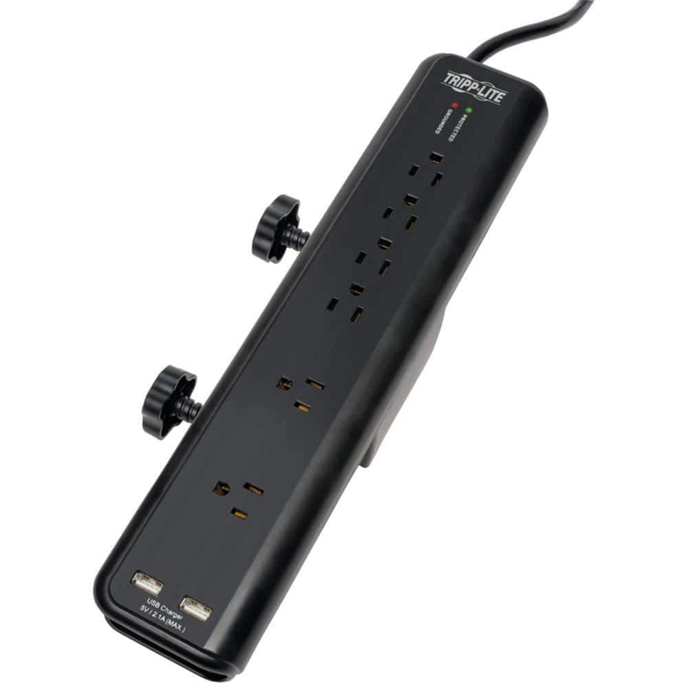 Black 6-Outlet Surge Protector with USB Ports and Clamps