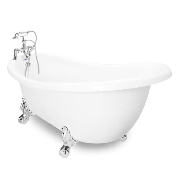 American Bath Factory 71 in. AcraStone Acrylic Slipper Clawfoot Non-Whirlpool Bathtub in White with Large Ball in Claw Feet Faucet in Chrome