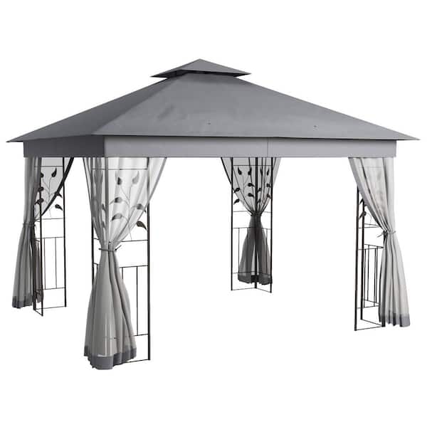 Gray Metal 10 ft. x 11.5 ft. Patio Gazebo, Double Roof Outdoor Gazebo Canopy Shelter with Corner Frame and Netting