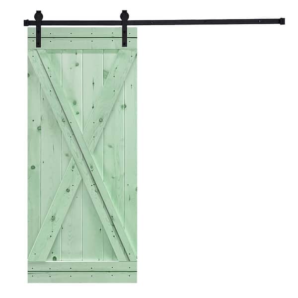 AIOPOP HOME Modern X Style Series 36 in. x 84 in. Iced Mint Green stained Knotty Pine Wood DIY Sliding Barn Door with Hardware Kit