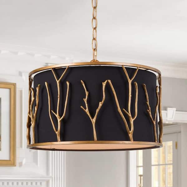 LNC Brushed Vintage Gold Drum Chandelier with Black Fabric Shade 4-Light Classic Dining Room Branch Hanging Ceiling Light