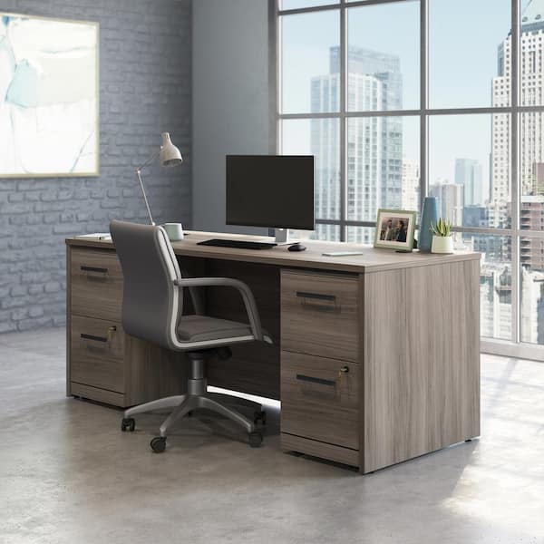 OFFICE WORKS BY SAUDER Affirm 71.102 in. x 30 in. D Hudson Elm Desk with (2 Assembled) 2-Drawer Mobile File Cabinets