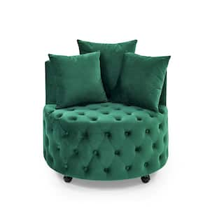 Green Velvet Upholstered Swivel Chair with Button Tufted Design and Movable Wheels