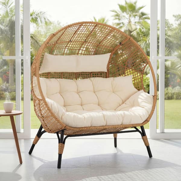 FINCATI 2-Person Beige Double PE Wicker Outdoor Lounge Egg Chair with Beige Cushion