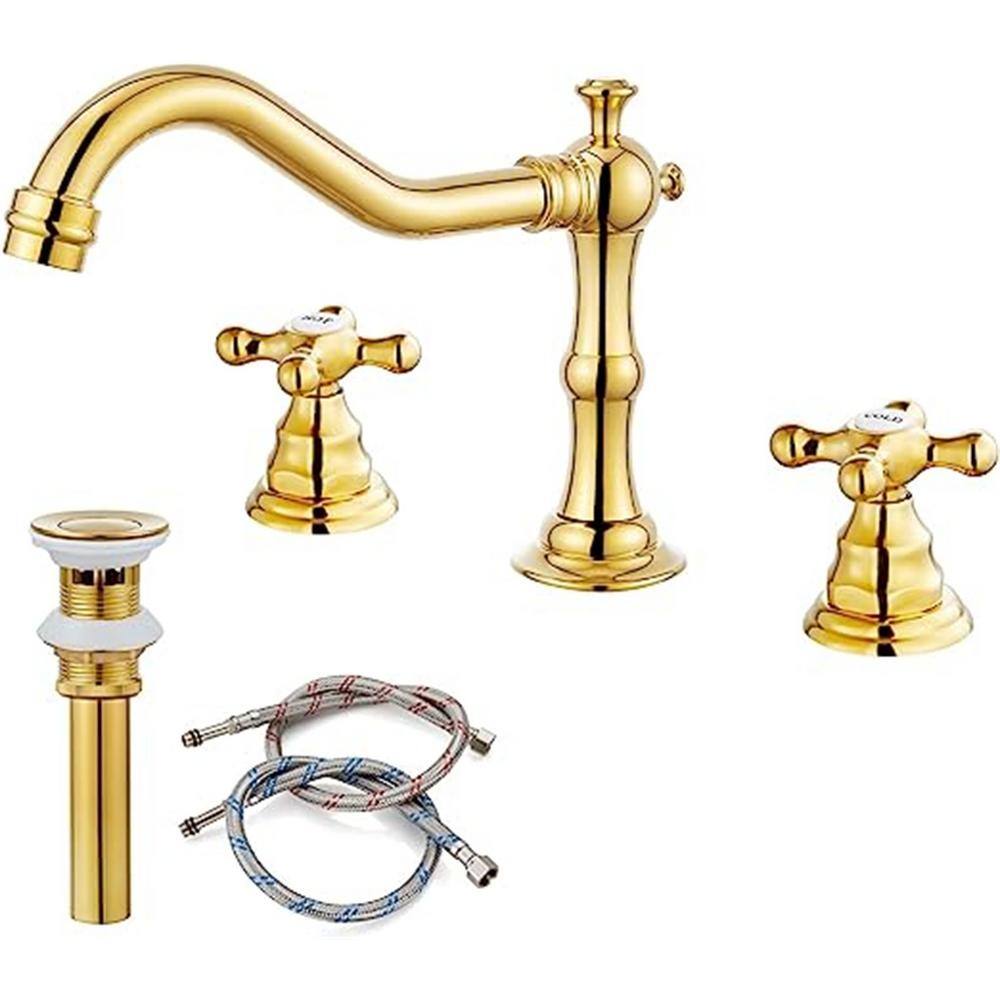 Polish Gold Widespread Bathroom Sink Faucet Double Cross Knobs 3-Hole Mixin