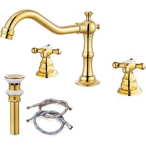 Polish Gold Widespread Bathroom Sink Faucet Double Cross Knobs 3-Hole Mixing Tap Deck Mount-Word Bath Accessory Set