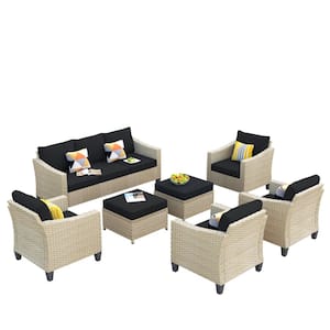 Oconee Beige 7-Piece Beautiful Outdoor Patio Conversation Sofa Seating Set with Black Cushions