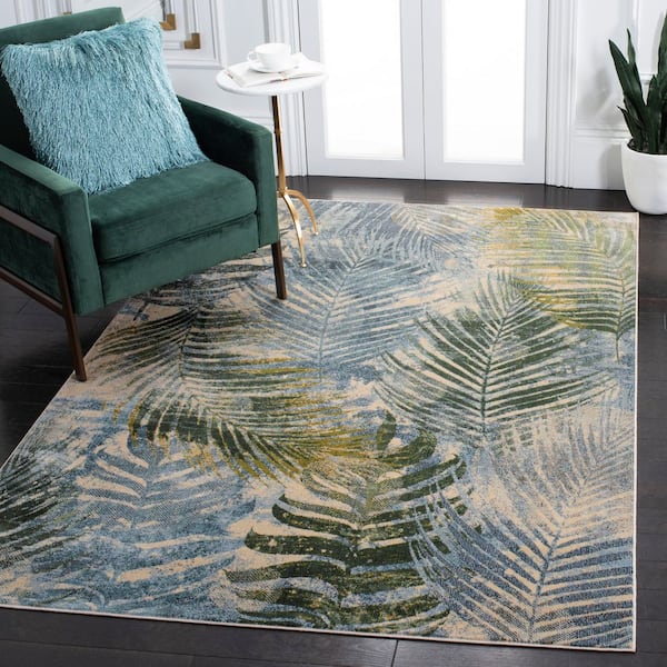 Lillian 5 ft. x 8 ft. Blue/Green Oversized Leaves Area Rug