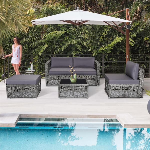 5-Pieces Patio Metal PE Rattan Wicker Sofa Furniture Set Cushioned Outdoor Grey