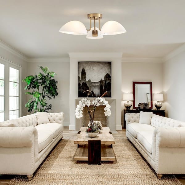 20.66 in. 3-Light Brass Semi Flush Mount Ceiling Light with With Milky White Glass Shade for Bedroom Hallway Decor