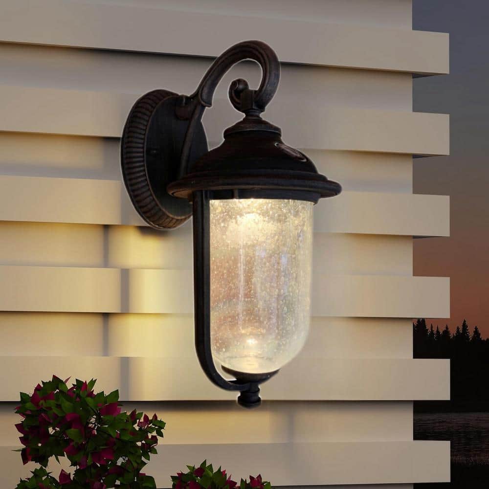 Rustic Bronze 14" LED Outdoor Wall Light with Clear Seeded Glass